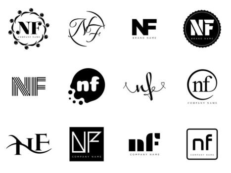 NF logo template. Letter n and f logotype. Set different classic serif lettering and modern bold text with design elements. Initial font typography. vector