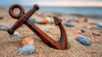 Rusty anchor resting on sandy beach with seashells and pebbles photo