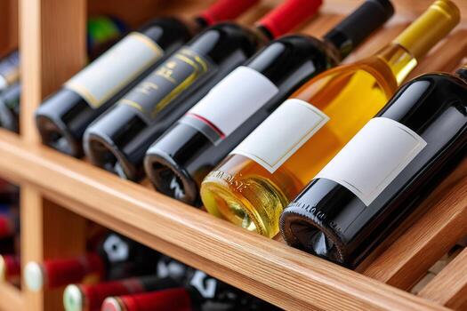 Wine bottles resting on wooden wine rack displaying blank labels for customization photo