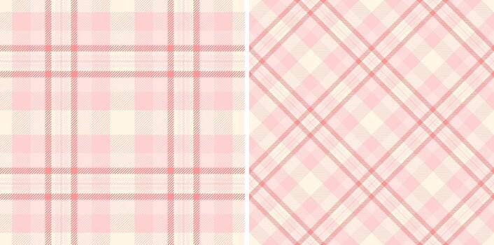 Soft pink plaid textures set. Seamless patterns in regular and diagonal weaves, perfect for backgrounds, textiles, and design projects needing a gentle, classic touch. vector