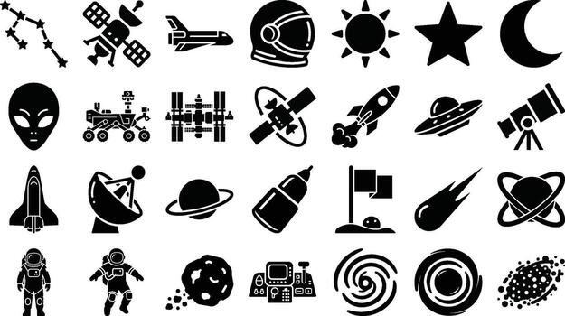 Space Exploration and Celestial Objects Icon Set in Black and White. vector