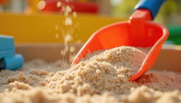 A child's sand shovel is being poured into a sandbox photo