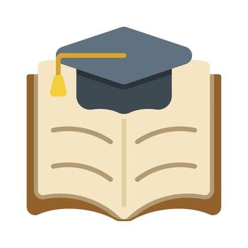 Flat colorful education icon showing an open book with a graduation cap on top, symbolizing learning, knowledge, and academic achievement. vector