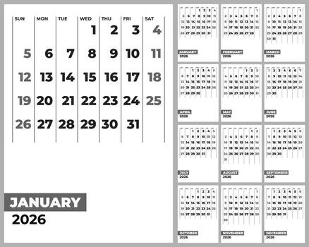 A stylish, minimalist and versatile 2026 English calendar design featuring a January highlight page and a full 12-month grid vector