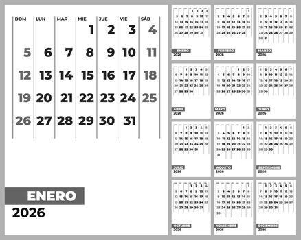 A stylish, minimalist, and versatile 2026 Spanish calendar design featuring a January highlight page and a full 12-month grid vector