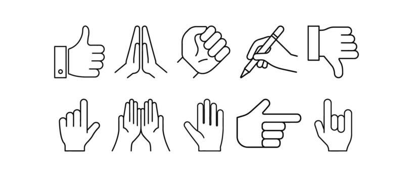 Outline icon pack of human hands in different gestures and poses. Includes thumbs up, open palm, clenched fist, hand holding pencil, praying hands, pointing finger, and other symbolic hand signs. vector
