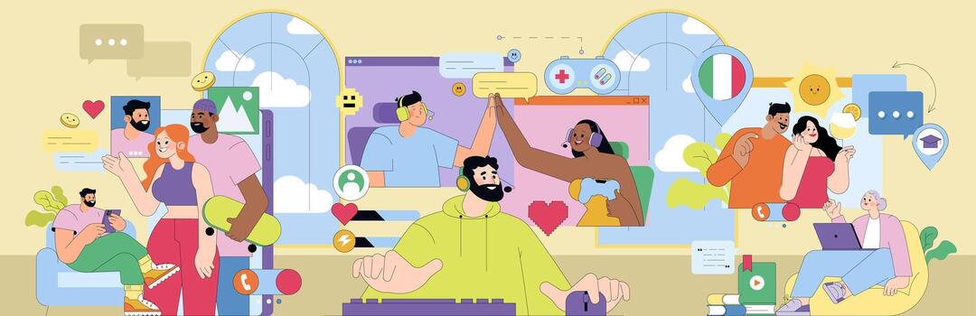 Characters engaging in virtual communication vector