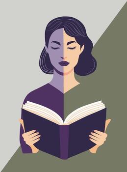 Illustration of woman looking down at an open book. Split silhouette with clean shapes, with striking color contrasts. Modern and poster-like design. vector