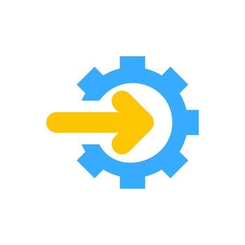 Operation icon of yellow arrow through blue gear symbolizing efficiency, suitable for business and tech concepts in presentations or designs. vector
