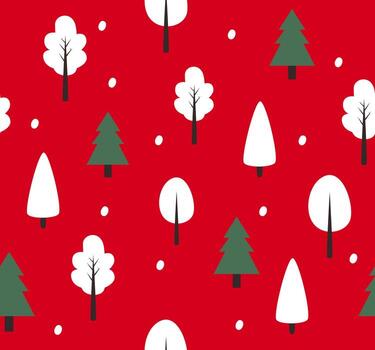 sin costura Navidad modelo con arboles y copos de nieve en un rojo antecedentes. vector