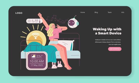 Woman waking up with smart device vector