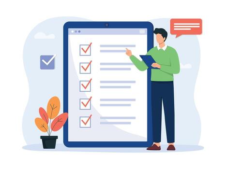 Businessman reviewing checklist on tablet digital task management. Check list with tick mark, businessman with questionnaire. vector