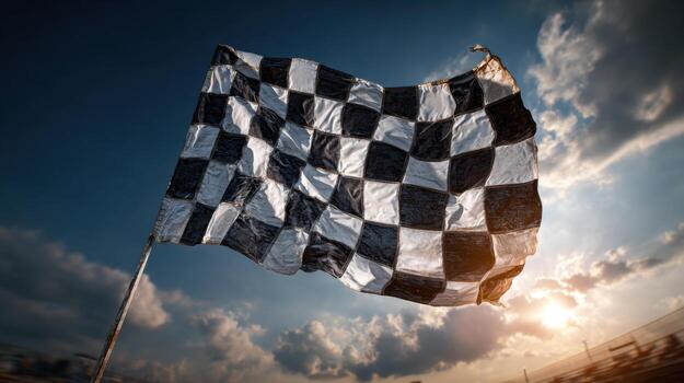 A checkered flag on the track at sunset photo