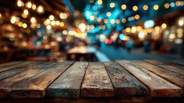 A wooden table with a view of a city street photo