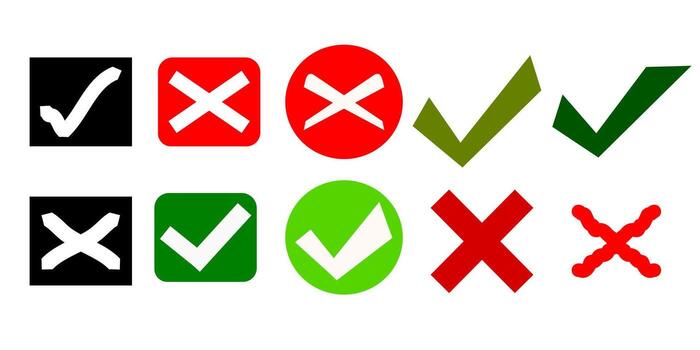 un colección de garrapatas y cruces aceptado y rechazado, cierto y FALSO. vector