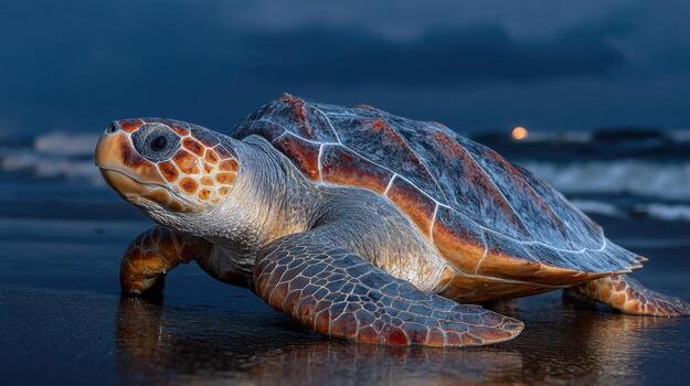 A turtle is walking on the beach at dusk photo