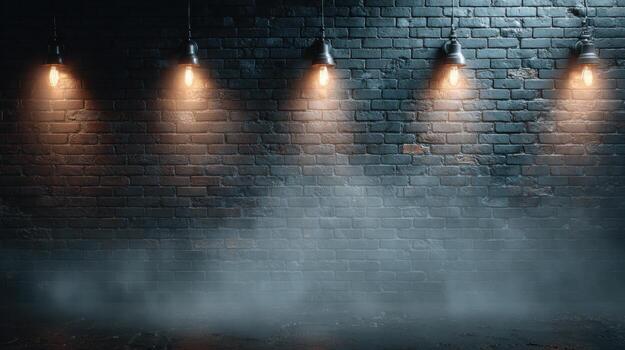 Dimly lit space features five hanging lights illuminating a brick wall, with fog covering the ground, creating a mysterious atmosphere suitable for artistic performances or events photo