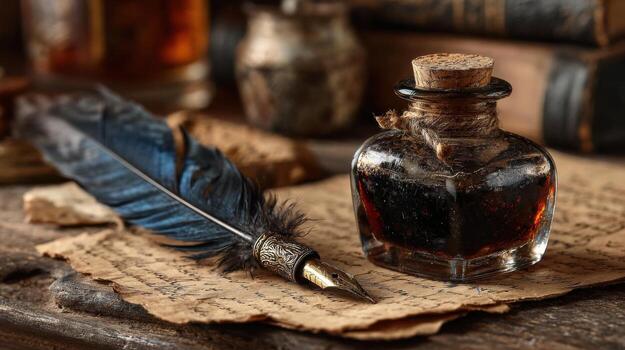 An ornate ink bottle filled with dark liquid sits next to a beautiful feather quill on aged parchment, surrounded by antique books, creating a nostalgic atmosphere of classic literature and writing photo