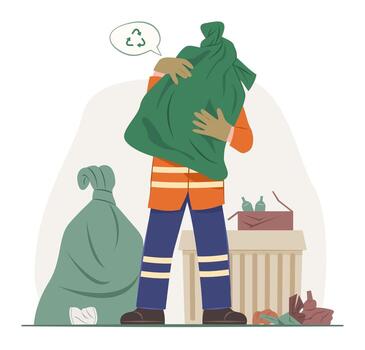 Garbage Collector Man Staff Holding a Big Garbage Bag for Waste Sorting and Recycle Concept Illustration vector