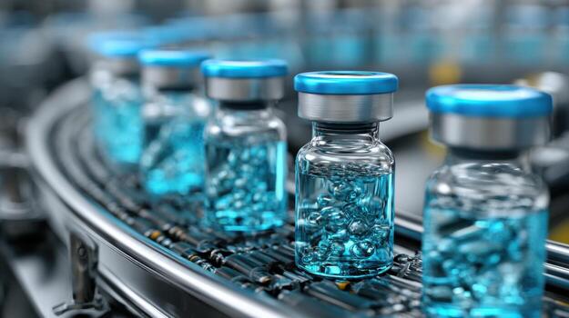 A production line showcases vials filled with blue liquid moving steadily along a conveyor. Workers ensure quality control in a sterile environment designed for efficient manufacturing photo