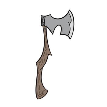 Cool shaped hand Axe tool or weapon with wooden handle colorful illustration isolated on square white background. vector