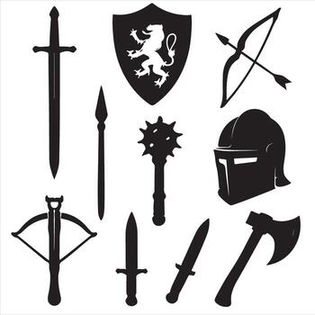Various weapons and shields on a white background vector