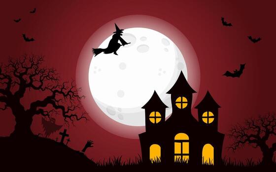 Halloween night scene with a witch flying on a broomstick in front of a full moon, haunted house, bats, and spooky trees. vector