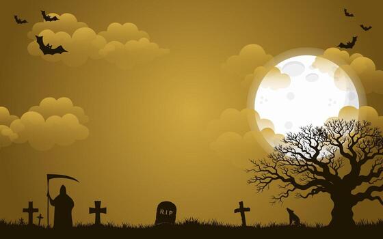 Halloween graveyard scene with a full moon and silhouettes of a grim reaper, bats, and trees. vector