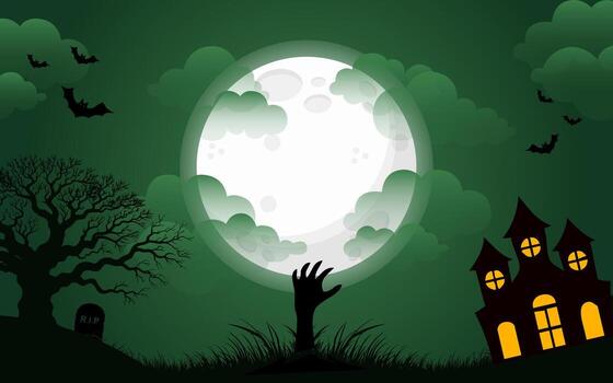 Halloween spooky scene with a zombie hand emerging from the ground under a full moon. vector