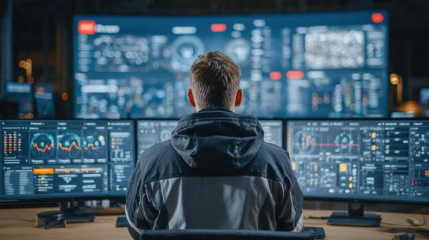 A person focused on analyzing various data sets displayed across multiple screens in a high-tech control room. The environment is dimly lit with vibrant graphics on all monitors photo