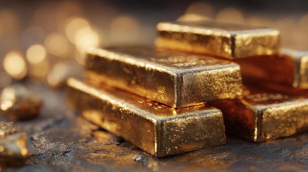 A stack of gold bars with a pile of rocks in the background photo