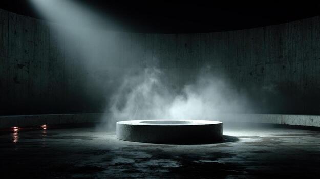 A circular stone platform sits in a dimly lit space, surrounded by walls of concrete. A beam of light shines down, casting shadows while fog swirls around the area, enhancing the enigmatic atmosphere photo