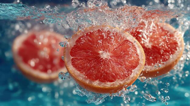 Three freshly sliced grapefruit halves are dropped into clear water, creating a dynamic splash. Bright fruit colors contrast beautifully with the sparkling blue water under sunlight photo