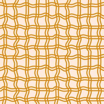 Seamless pattern of thin curved checkered lines on a beige background. Twisted checkered wavy texture. vector