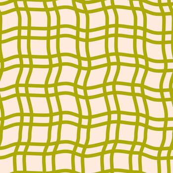 Seamless pattern of curved checkered lines on a beige background. Twisted checkered wavy texture. Green and beige colors vector