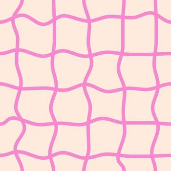 Seamless pattern of thin curved checkered lines on a beige background. Twisted checkered wavy texture vector
