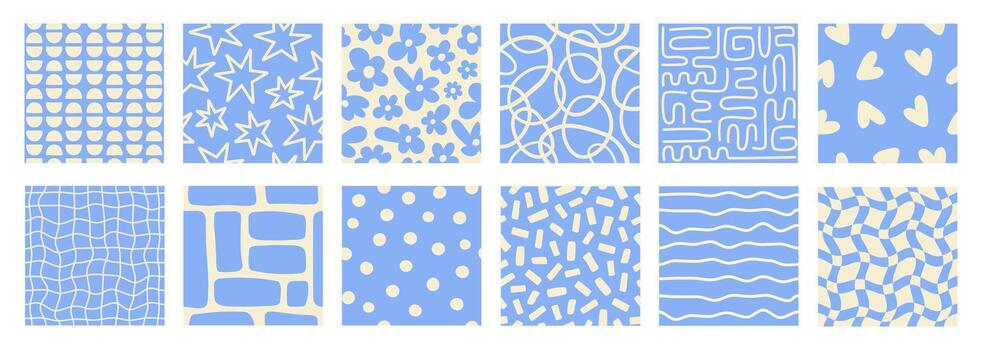 Organic set abstract minimalistic seamless patterns with different various shapes and wavy lines. Modern geometric wavy texture . Blue and beige colors vector