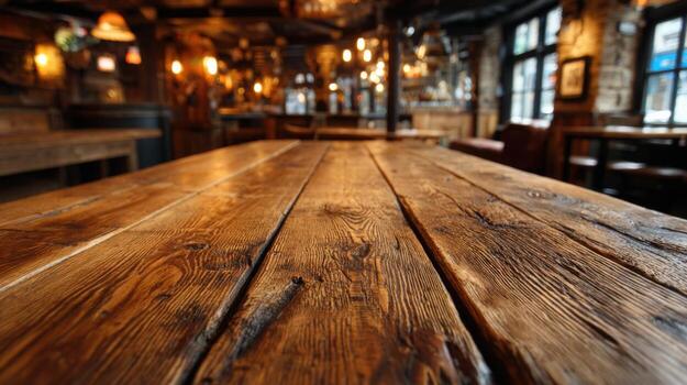 A wooden table in a restaurant with a view of the dining room photo
