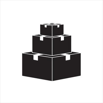 Black silhouette of three stacked boxes of varying sizes on white background package shipping vector