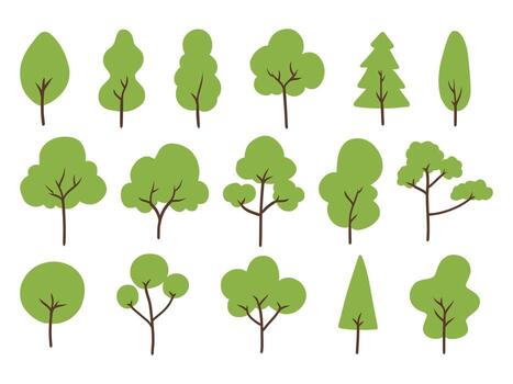 Set of simple tree icons in a flat design style. Collection of various green forest, park, and nature symbols for landscape design. vector