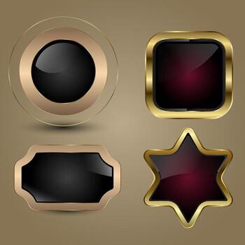 FOUR different shapes of Luxury banners and button design. and groups of four Gold Buttons design for social mwdia UI, two digital sleek metallaic buttons, icon, symbol vector