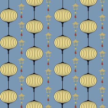 dorado linterna modelo en un azul antecedentes. asiático linterna modelo para tela diseño. suerte tela modelo. vector