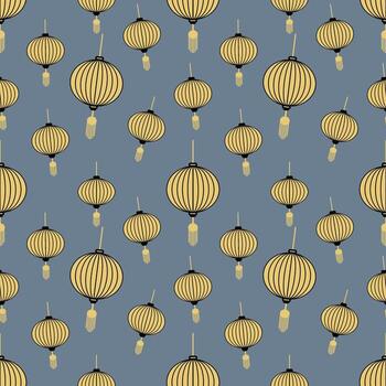 Chinese and Japanese style golden lantern pattern on blue background for fabric and background design. vector