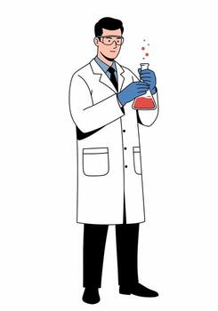 Focused Scientist in Lab Coat Examining a Beaker. vector