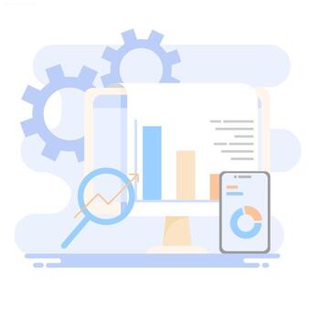 Illustration of business analytics from mobile phones and computers. Concept of business progress development. vector