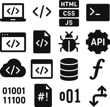 various black and white icons of programming vector