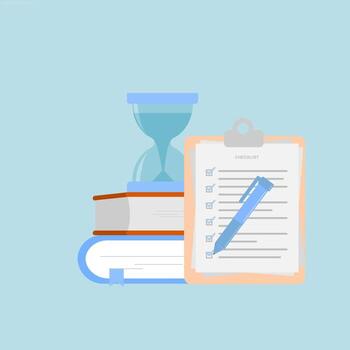 valores ilustración de un libro con un Lista de Verificación y un reloj. examen concepto, educativo formación clase vector