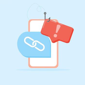 Smishing warning in chat, with fake SMS or links via instant messaging or messenger apps. Shows the risk of spam links in messages. Illustration of a smishing attack concept on a mobile device. vector