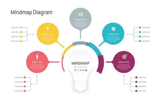 Mindmap timeline business infographic circle chart template 5 steps options, presentation with icons illustration. vector