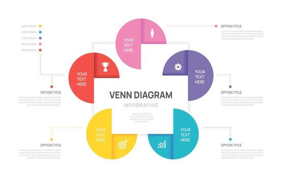 Venn diagram infographic circle chart template business 2,4,5 parts options, presentation with venn diagram elements illustration. vector